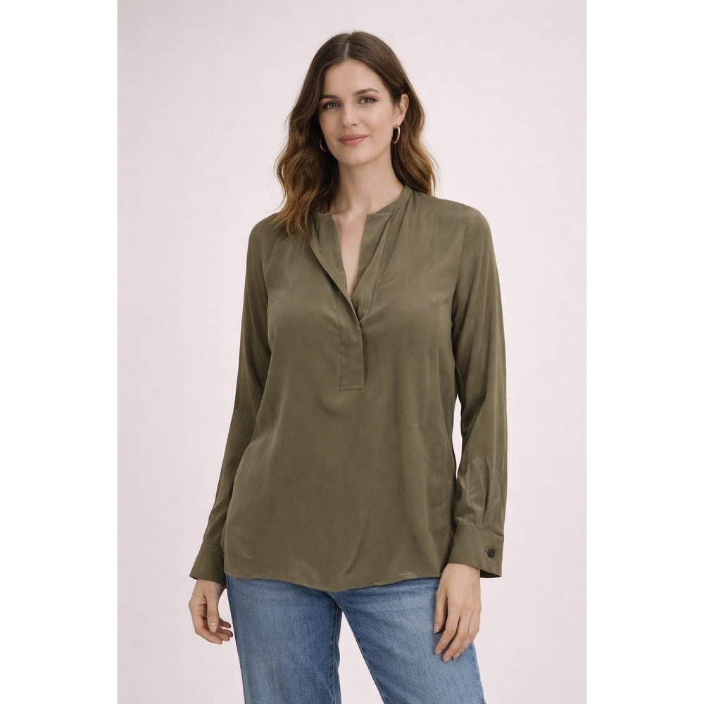 Banana Republic Women 100%Silk Blouse Mandarin Collar Olive Green Size Small NWT